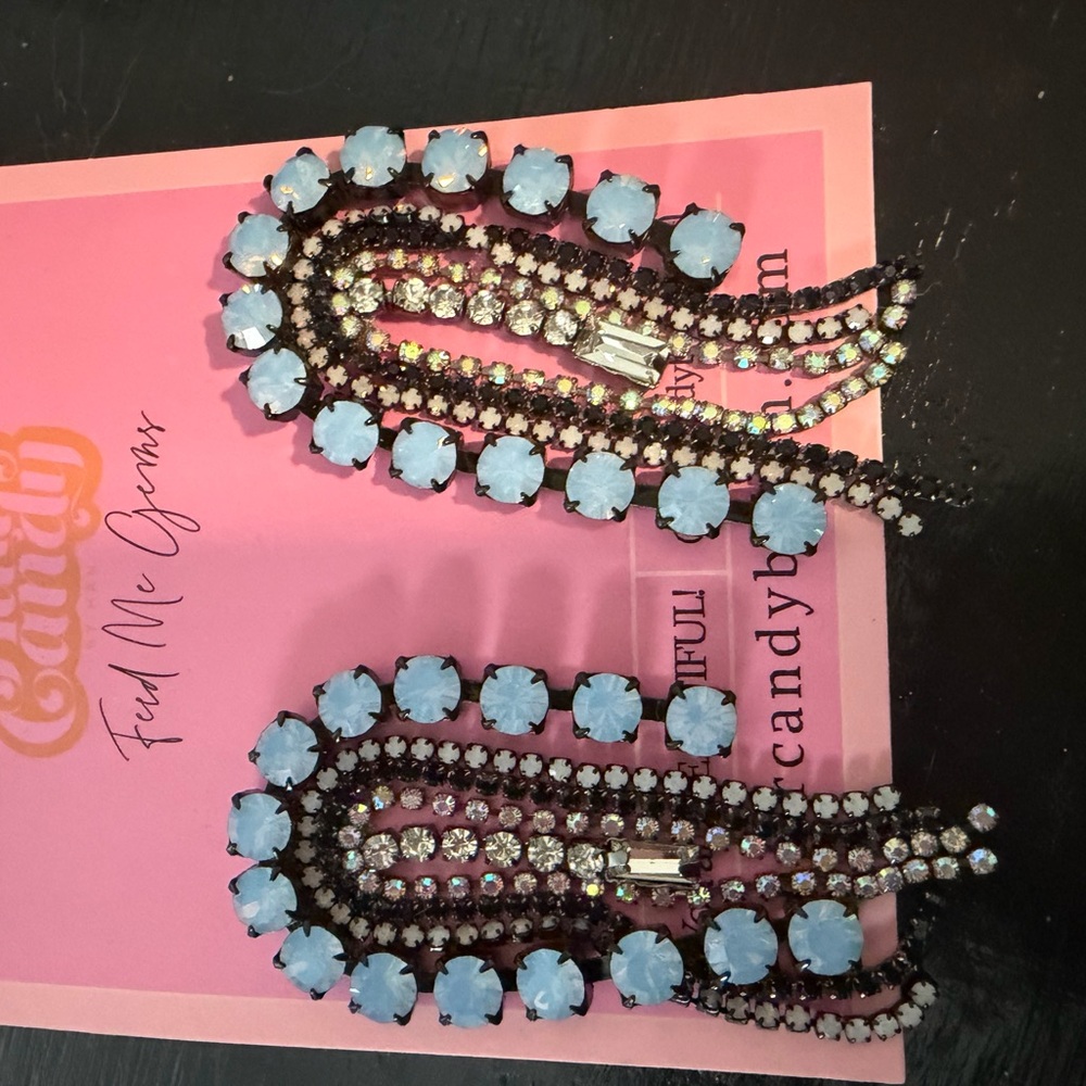 FEED ME GEMS. Hair Candy by Han. Crystal Earrings Light Blue & Clear Rhinestones